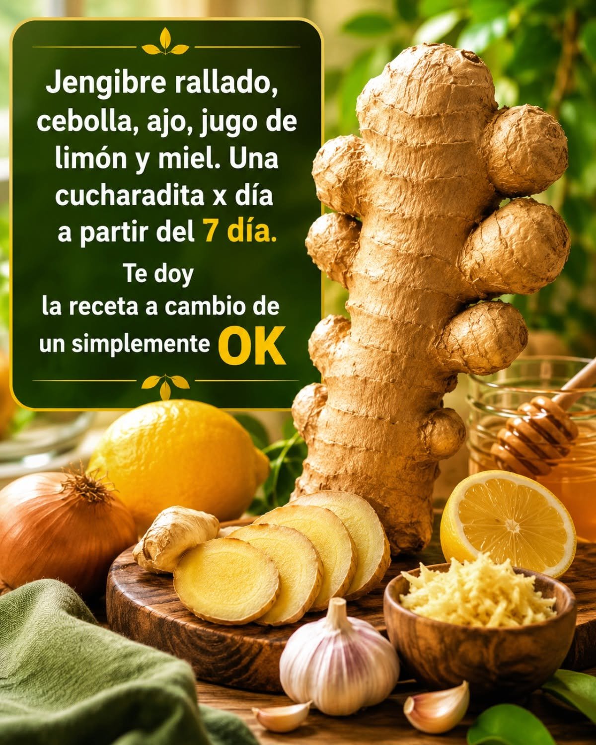 Ingredientes de jengibre cebolla ajo limón y miel