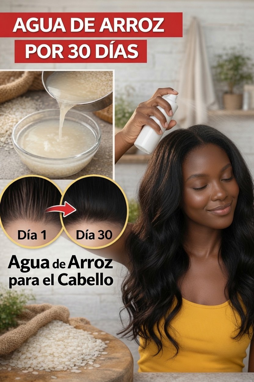 Aplicando agua de arroz en el cabello